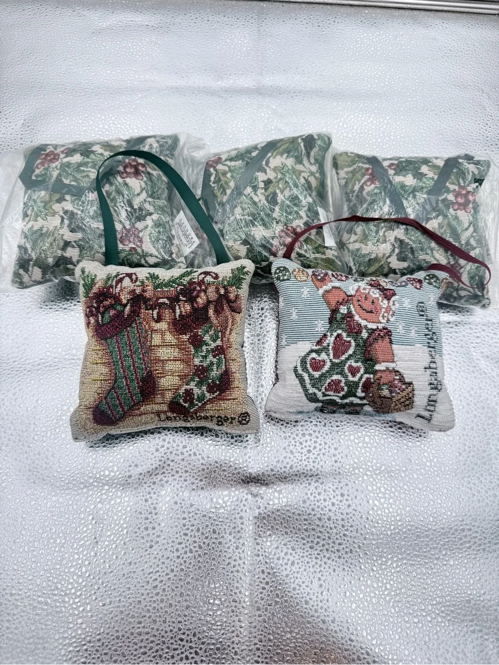 Longaberger Christmas Pillow Door Knob Hangers- Stocking, Gingerbread Set Of 5